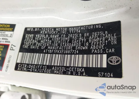 2015 Toyota Camry Se из США, поврежденный, VIN 4T1BF1FKXFU887724